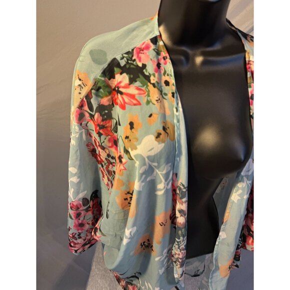 Flowy Blue Floral Sheer Cardigan Duster Womens Size Medium M Vacation - Picture 2 of 2